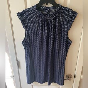 Adrianna Papell navy blue polka dot ruffle top